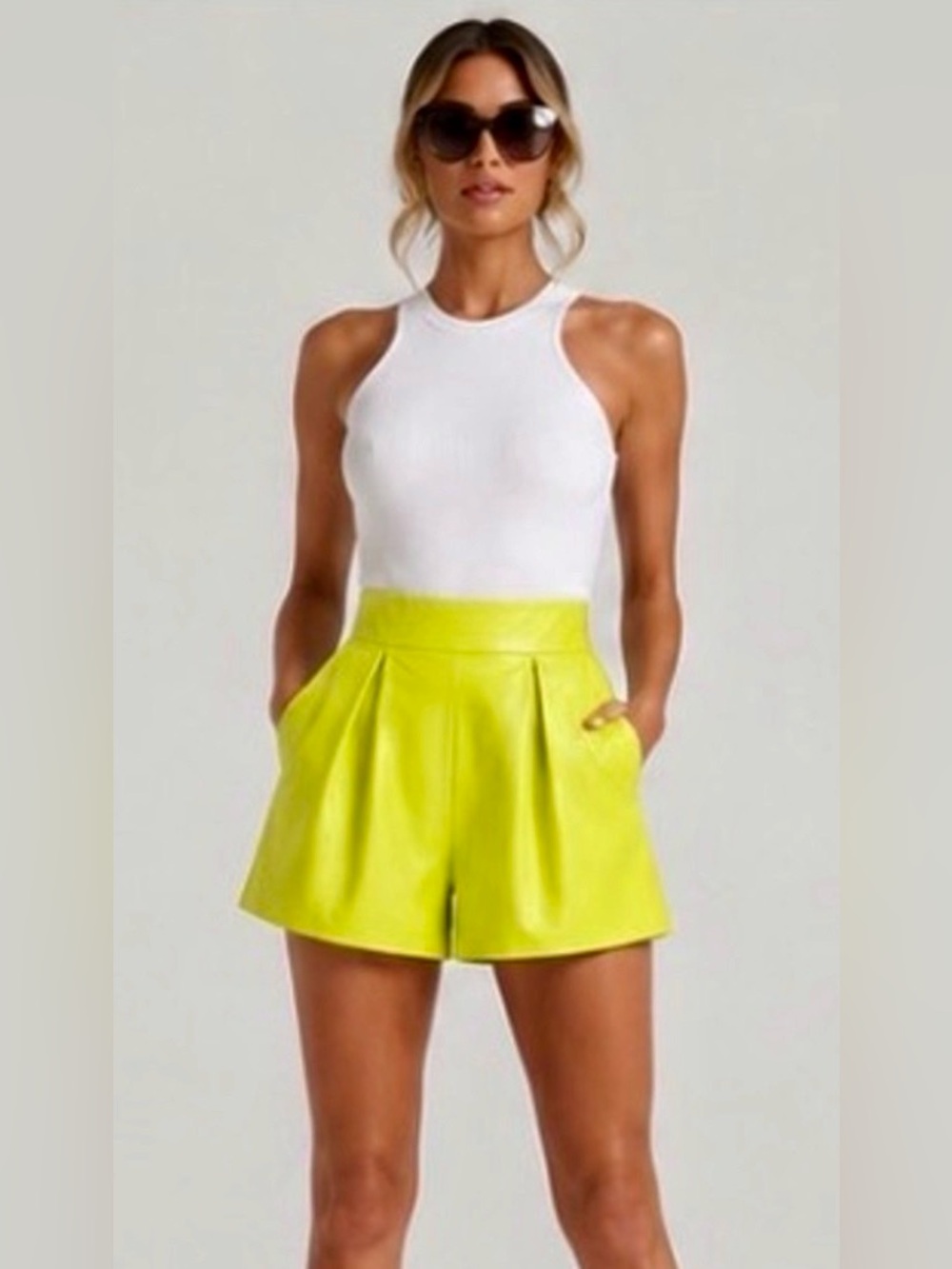 NWT Susana Monaco Faux Leather Pleated Shorts Neon Yellow Size XS
